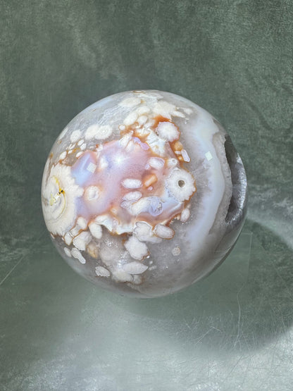 Flower Agate Sphere. 90mm. Beautiful Druzy On This Large Centerpiece. Amazing One Of A Kind Display Sphere.