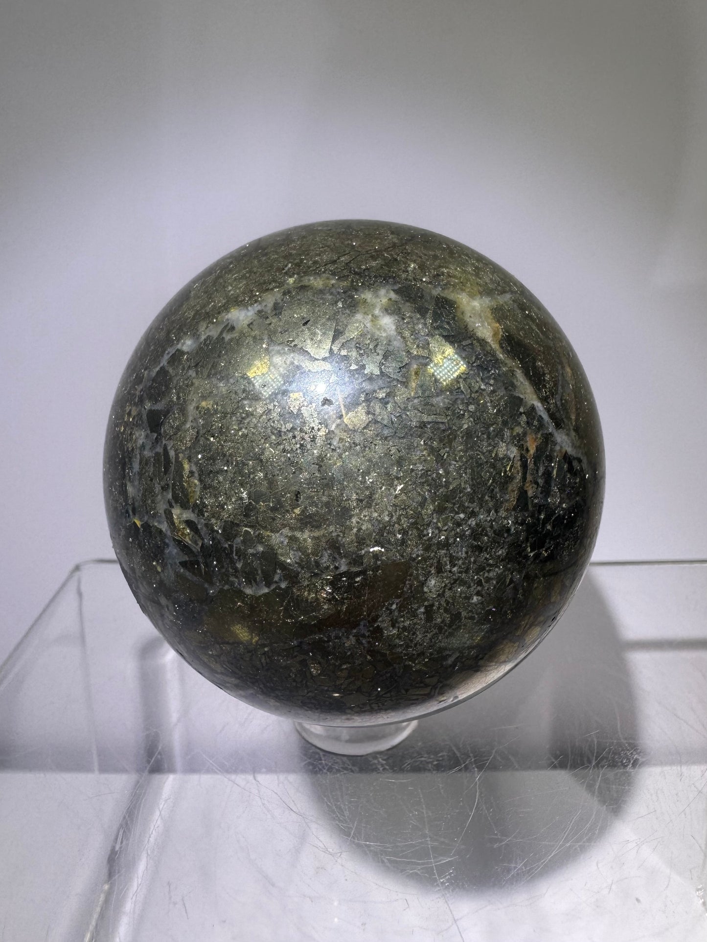 Pyrite And Agate Sphere. 57mm. Gorgeous Display Sphere. Amazing Flash And Colors.