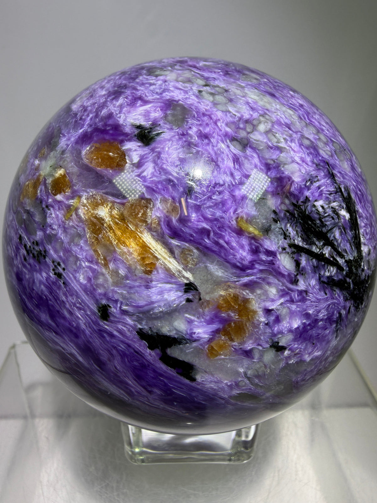 Charoite Crystal Sphere. 79mm. XL High Quality Stunning Crystal. Amazing Patterns And Flash. Gorgeous UV Reaction.
