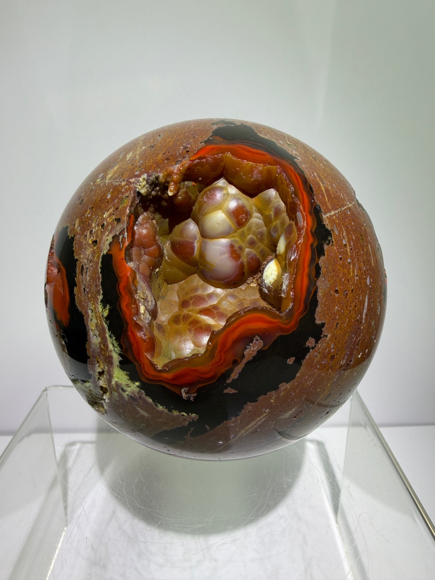 Red Fox Agate Sphere. 89mm. Large Druzy Crater Agate From Argentina. Stunning Rare Botryoidal Nodules