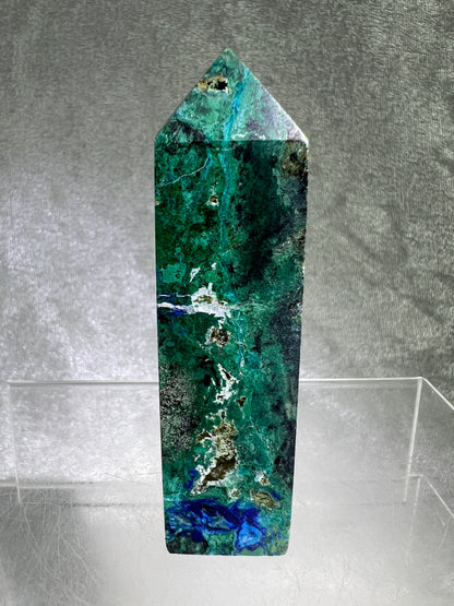 Azurite, Chrysocolla, And Malachite Druzy Tower. Rare And Beautiful Crystal Point.