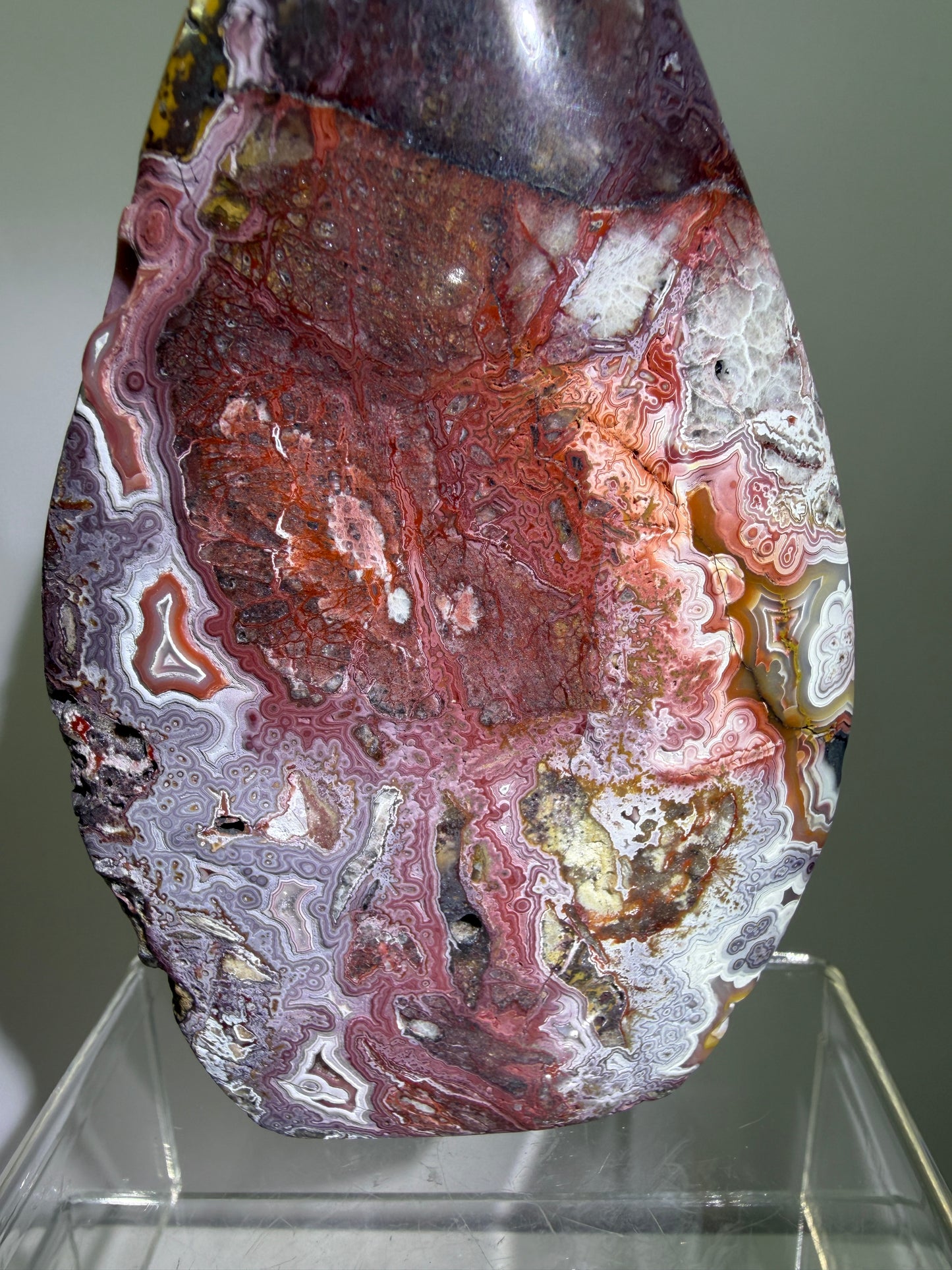 Mexican Crazy Lace Agate Flame. Druzy Polished Freeform Flame. Gorgeous Pinks And Purples