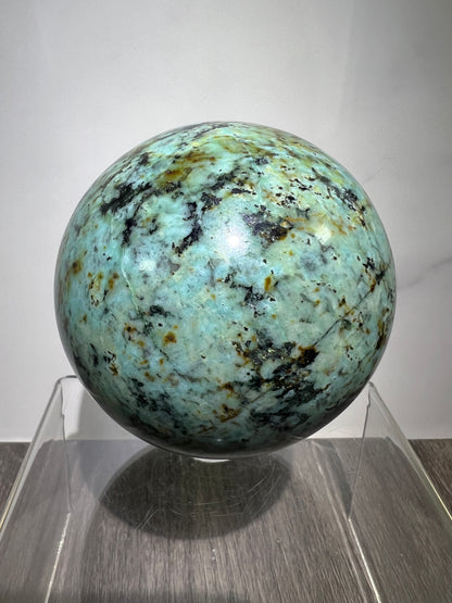 African Turquoise Crystal Sphere. 74mm. Incredible Chrysocolla From South Africa. Very Rare Display Sphere.