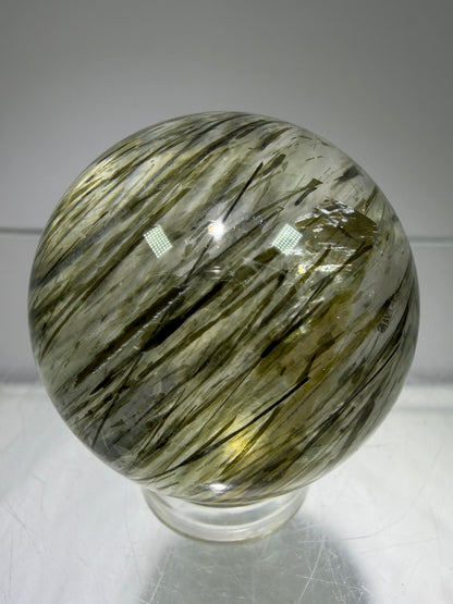 Green Tourmaline Quartz Sphere. Incredible Green Rutile Sphere. Tourmalinated Quartz Display Crystal