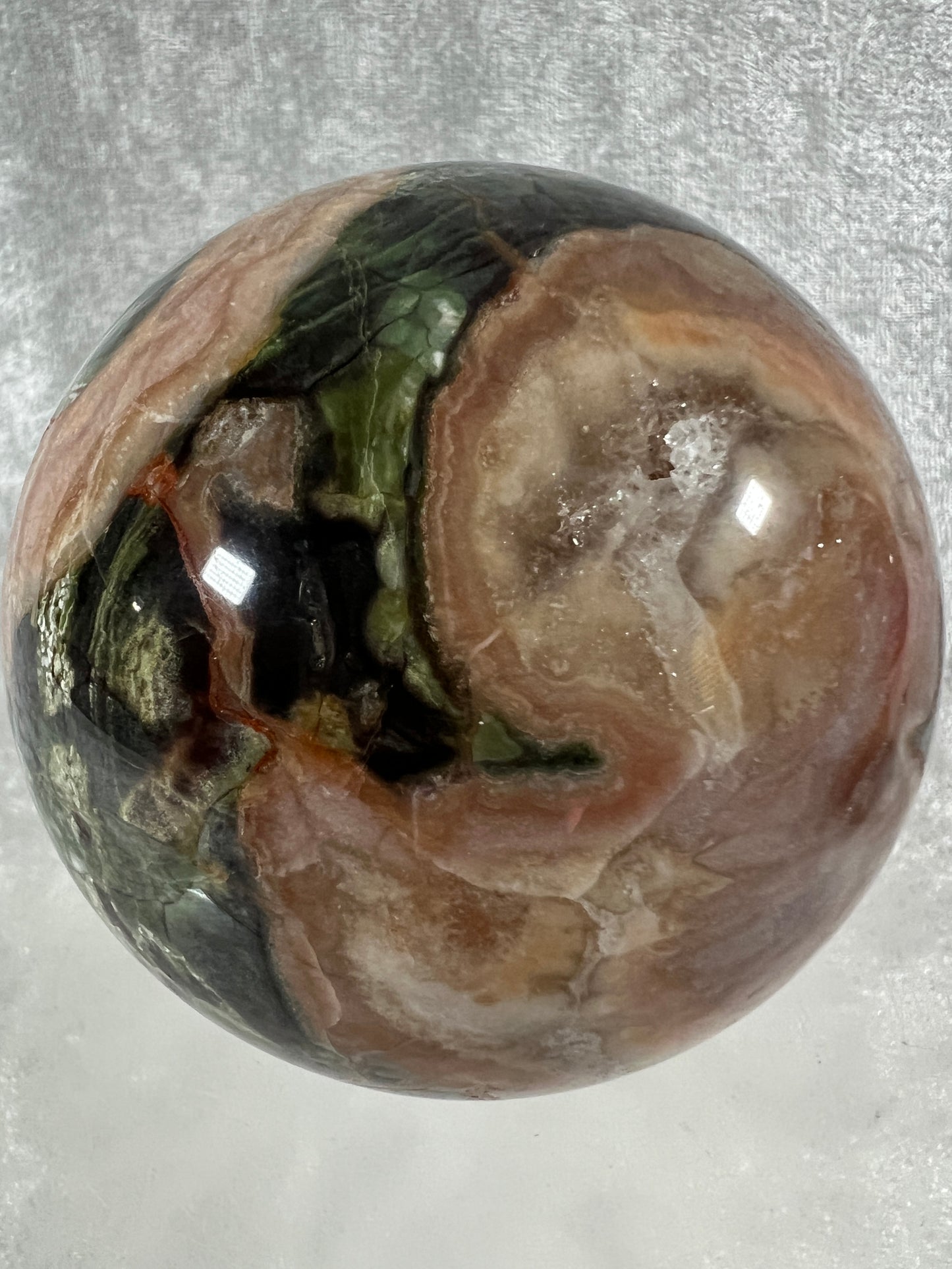 Money Agate Crystal Sphere. 78mm. Very Rare Shades Of Green. Stunning Indonesian Bloodstone. Amazing Colors And Patterns