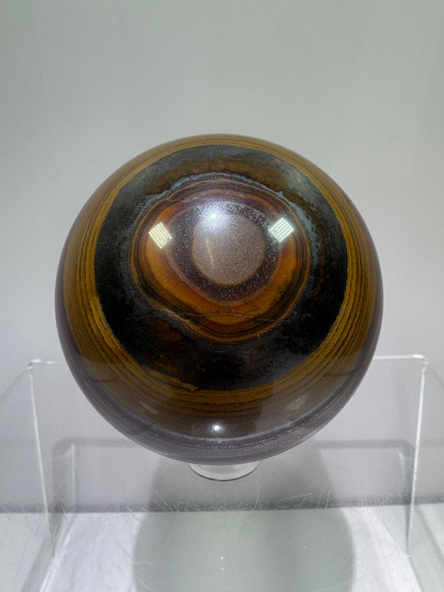 Tiger Iron Crystal Sphere. 61mm. Rare High Quality Display Sphere With Amazing Flash. Very Unique Dark Colors
