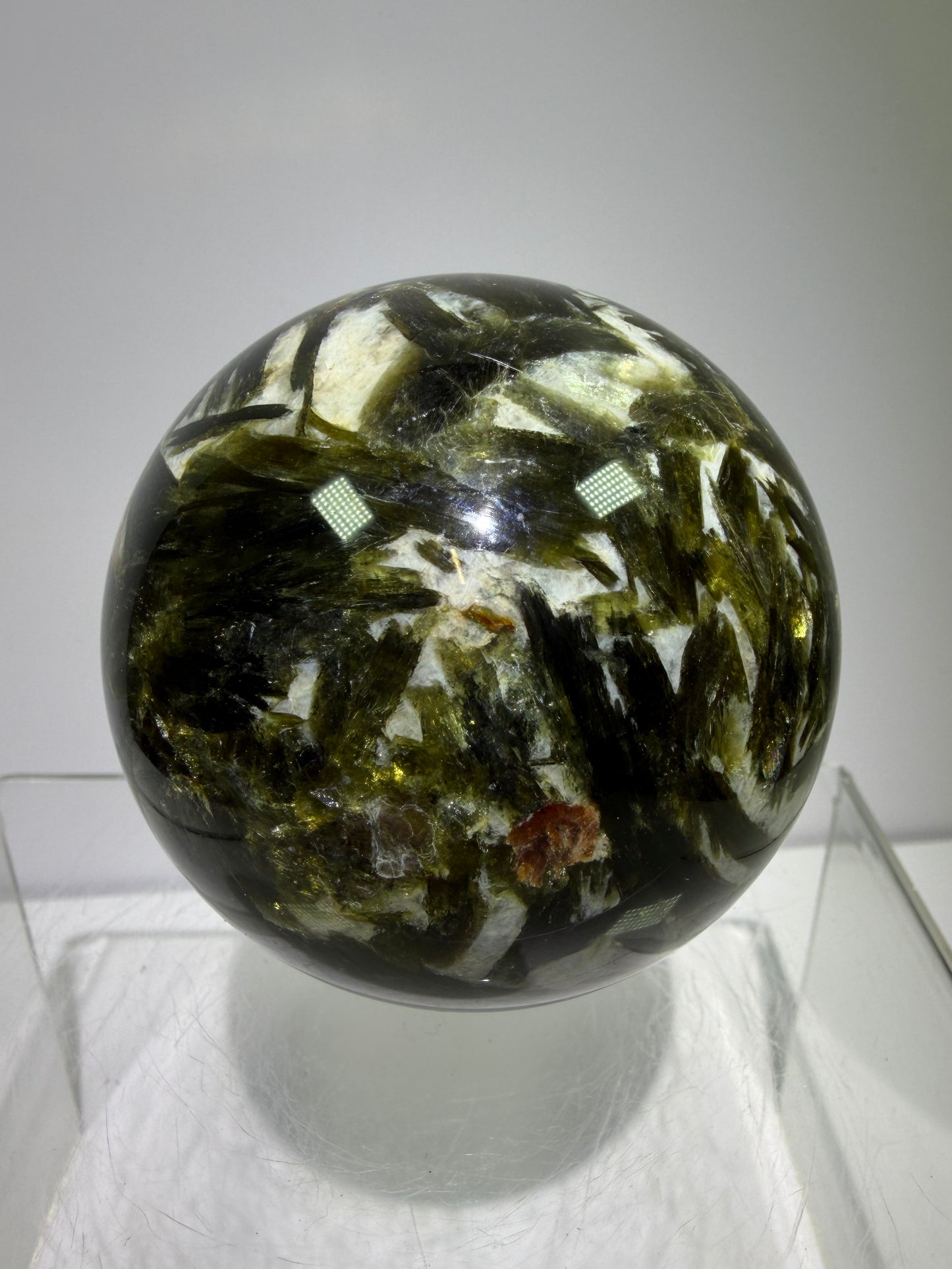 Green Mica And Garnet Sphere. 65mm. Rare Flashy Green Mica With Red Garnet. Gorgeous High Quality Crystal.