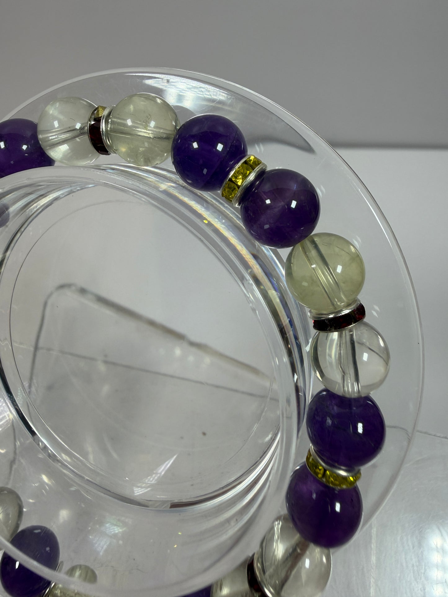 Amethyst And Citrine Crystal Bead Bracelet. 8mm. High Quality Bracelet With Amazing Spacers And Moon Charm.