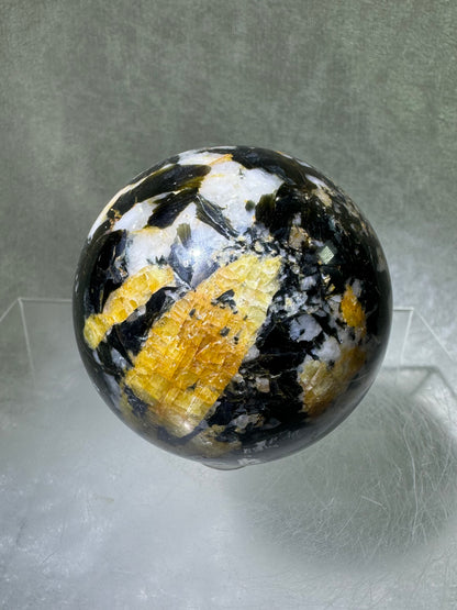 Yellow Tourmaline And Black Mica Sphere. 62mm. Rare New Discovery. Stunning And Flashy Display Sphere.