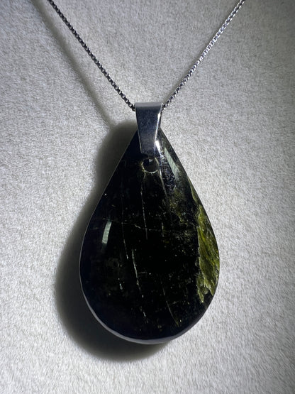Epidote Teardrop Pendant. High Quality Gorgeous Epidote With Internal Fire From Peru. Amazing Yellow Flash. Includes S925 Silver Necklace.