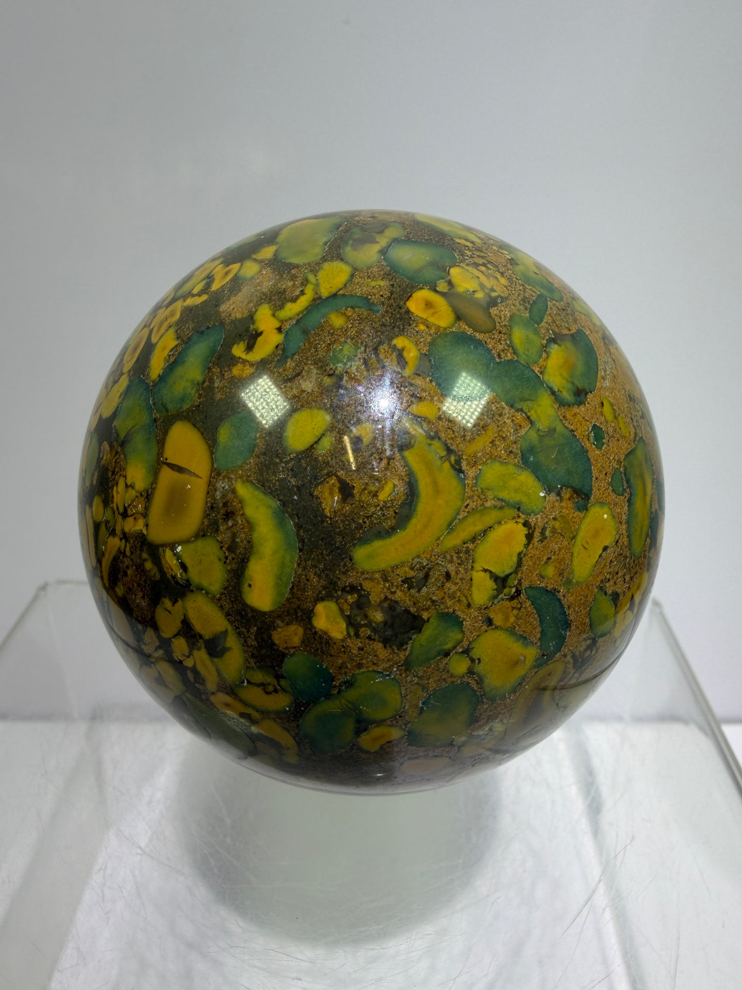 Fruit Jasper Sphere: 68mm Gorgeous Ajooba Jasper Sphere From India. High Quality Colorful Crystal
