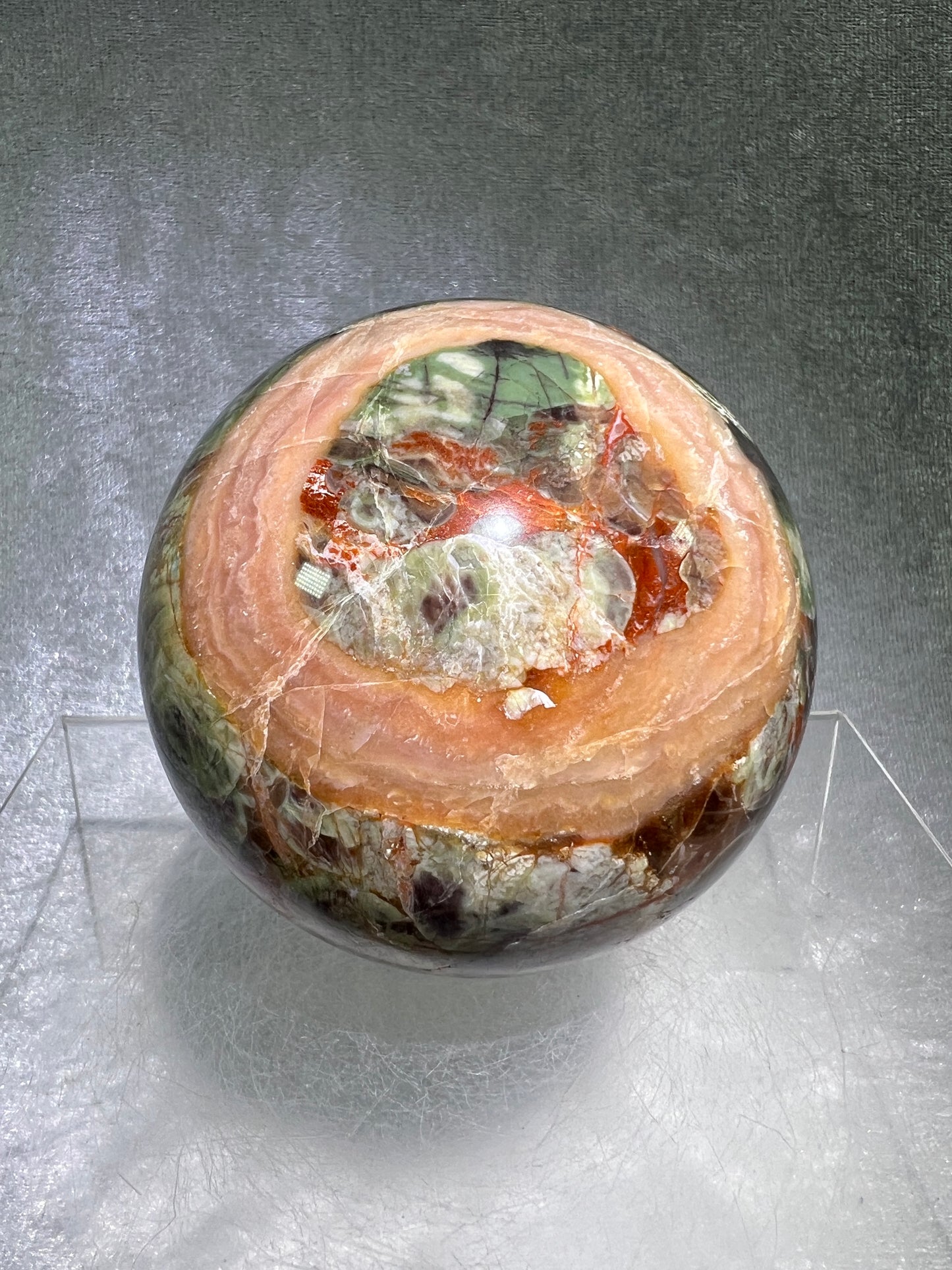 Money Agate Crystal Sphere. 78mm. Very Rare Shades Of Green. Stunning Indonesian Bloodstone. Amazing Colors And Patterns