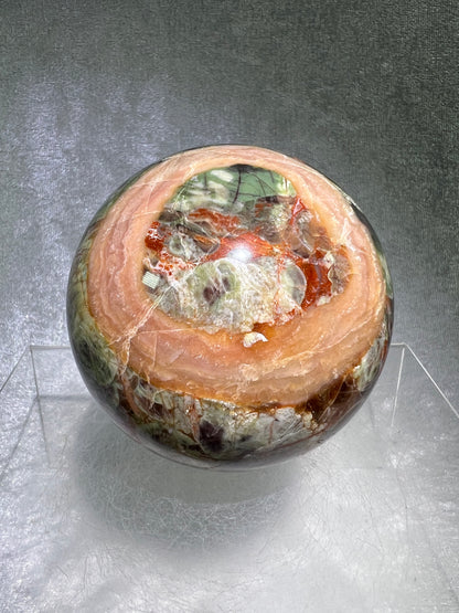 Money Agate Crystal Sphere. 78mm. Very Rare Shades Of Green. Stunning Indonesian Bloodstone. Amazing Colors And Patterns
