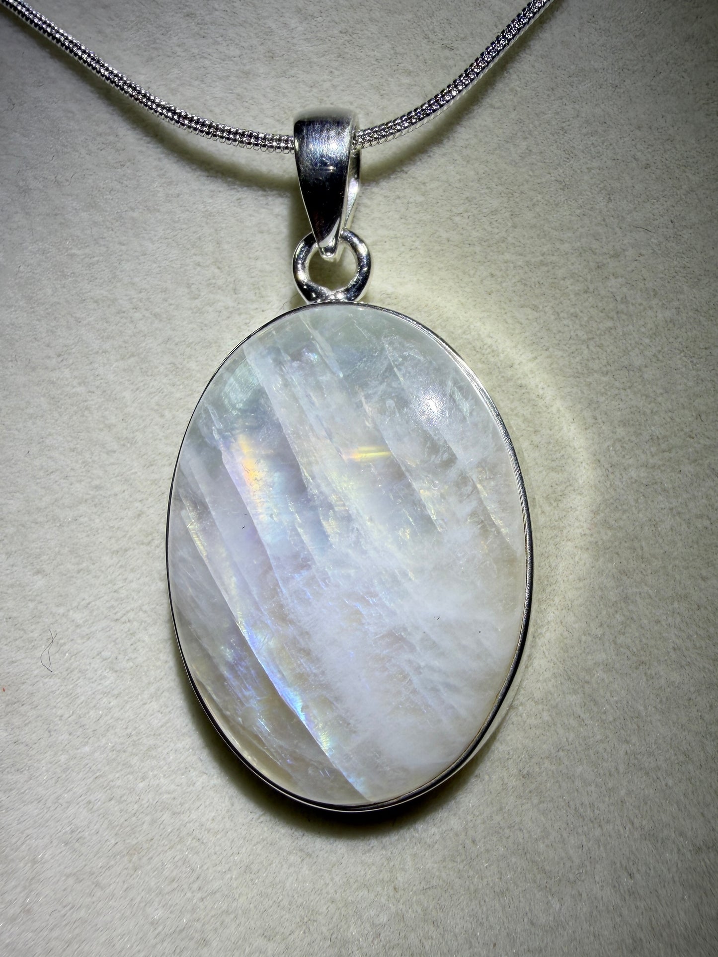 Rainbow Moonstone Crystal Pendant. Beautiful S925 Silver Crystal Jewelry. Amazing Colors With Great Flash!