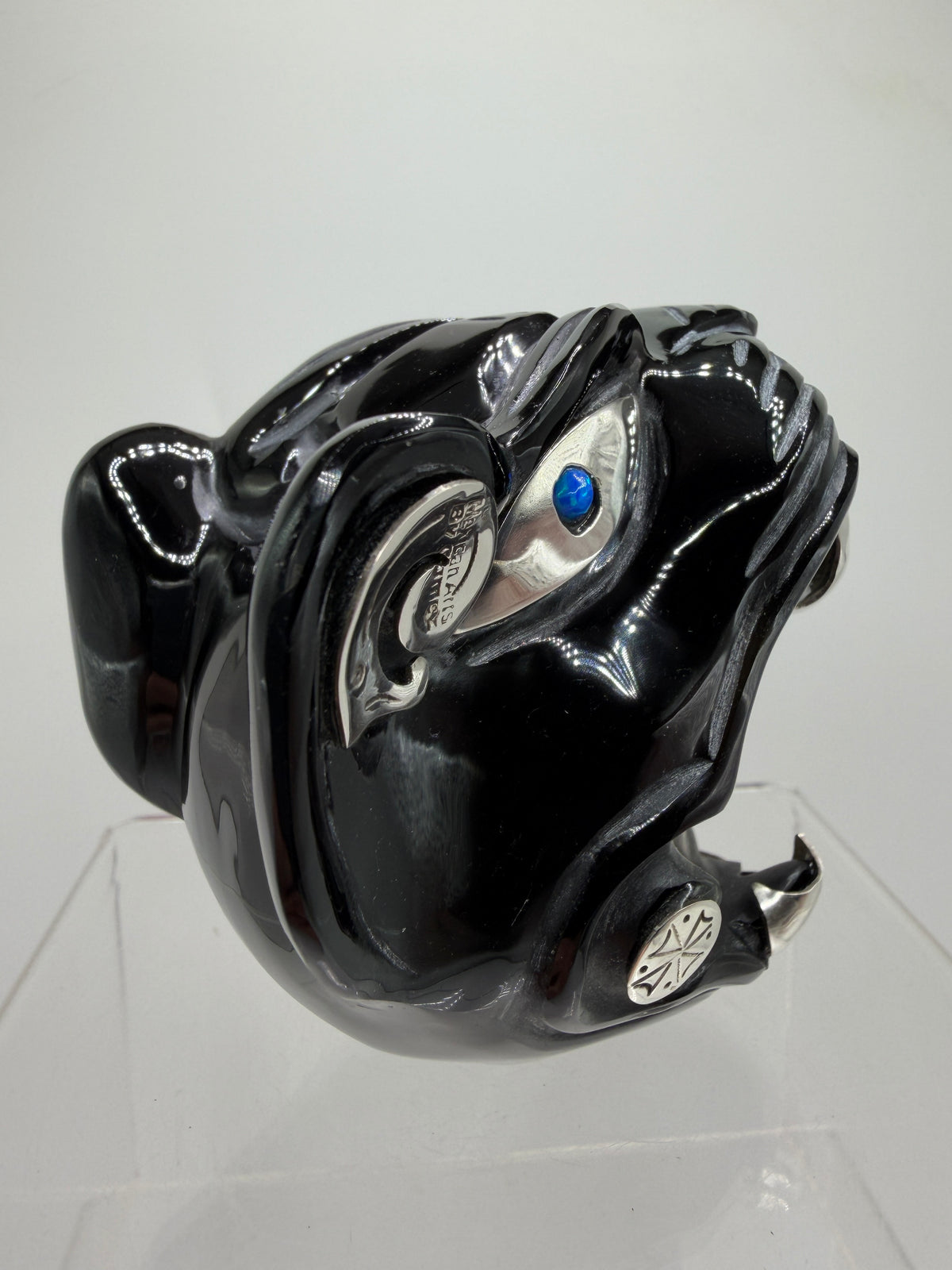 Carved Jaguar Warrior Head. Gorgeous Hand Carved Obsidian Aztec Art. One Of A Kind Obsidian, Silver, And Opal Collectors Item.