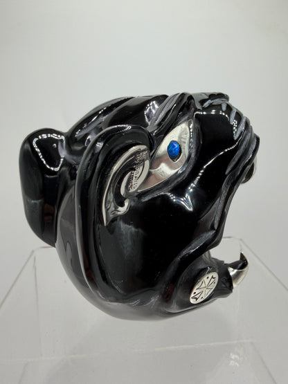 Carved Jaguar Warrior Head. Gorgeous Hand Carved Obsidian Aztec Art. One Of A Kind Obsidian, Silver, And Opal Collectors Item.