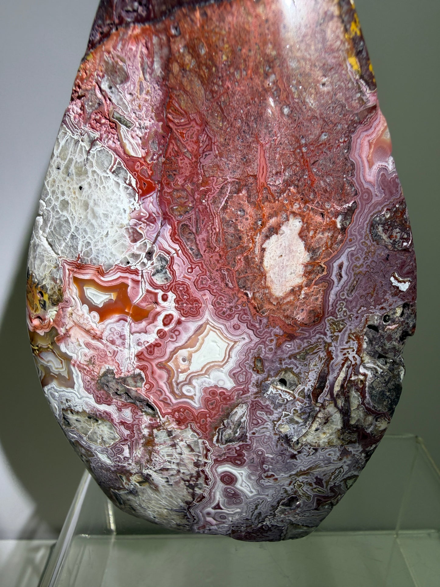 Mexican Crazy Lace Agate Flame. Druzy Polished Freeform Flame. Gorgeous Pinks And Purples