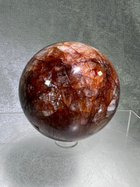 Fire Quartz Sphere. 63mm. Gorgeous Flash And Crystallization. High Quality Hematoid Crystal From Madagascar.