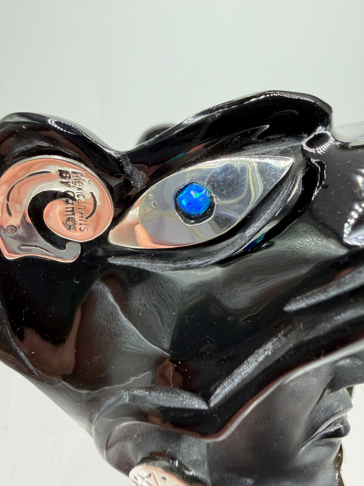 Carved Jaguar Warrior Head. Gorgeous Hand Carved Obsidian Aztec Art. One Of A Kind Obsidian, Silver, And Opal Collectors Item.