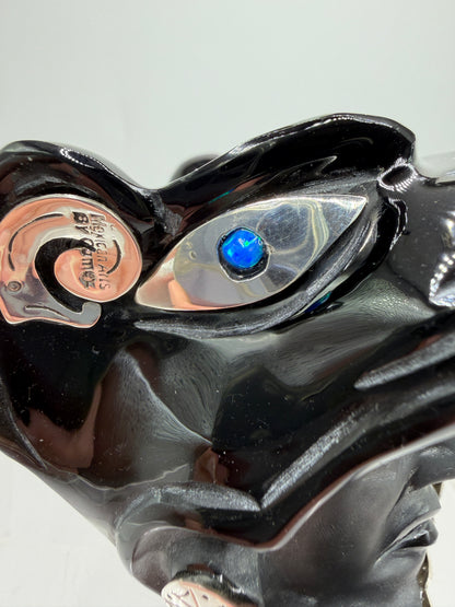 Carved Jaguar Warrior Head. Gorgeous Hand Carved Obsidian Aztec Art. One Of A Kind Obsidian, Silver, And Opal Collectors Item.
