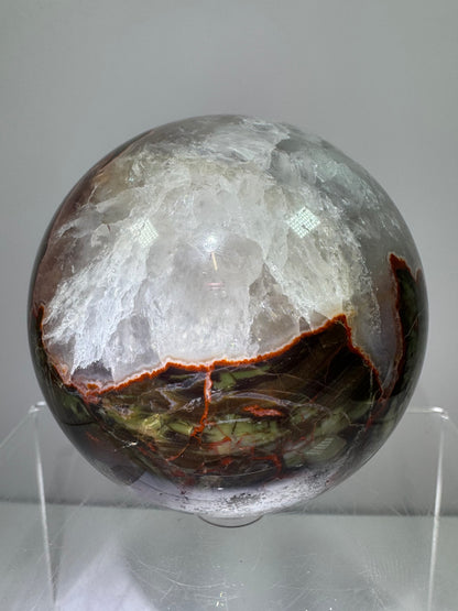 Money Agate Crystal Sphere. 72mm. Very Rare Shades Of Green. Stunning Indonesian Bloodstone. Amazing Colors And Patterns