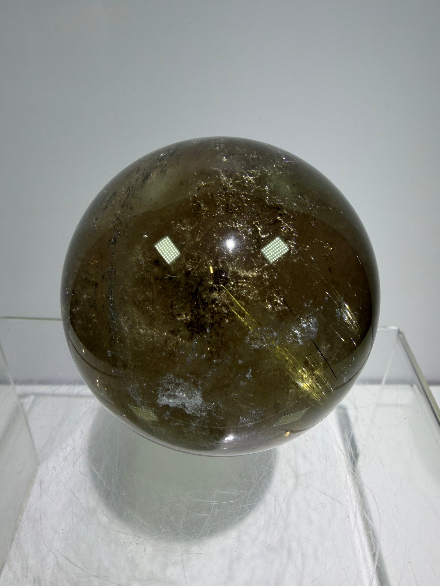 Rutile Quartz Sphere. 58mm. Unique Smoky Quartz With Beautiful Golden Rutile Inclusions.