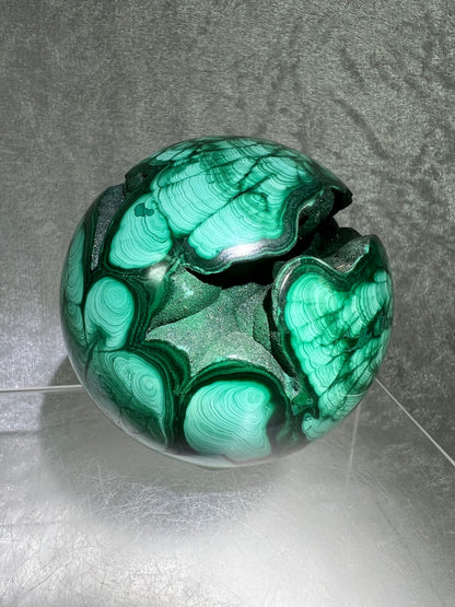 Malachite Crystal Sphere. 78mm. Incredible Large Druzy Malachite. Very High Quality Rare Display Sphere. Show Stopper!