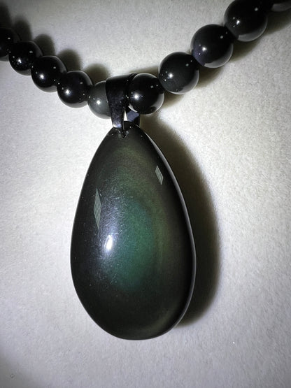 Rainbow Obsidian Pendant. Gorgeous Teardrop Cabochon. Custom Made Beaded Necklace. High Quality Jewelry