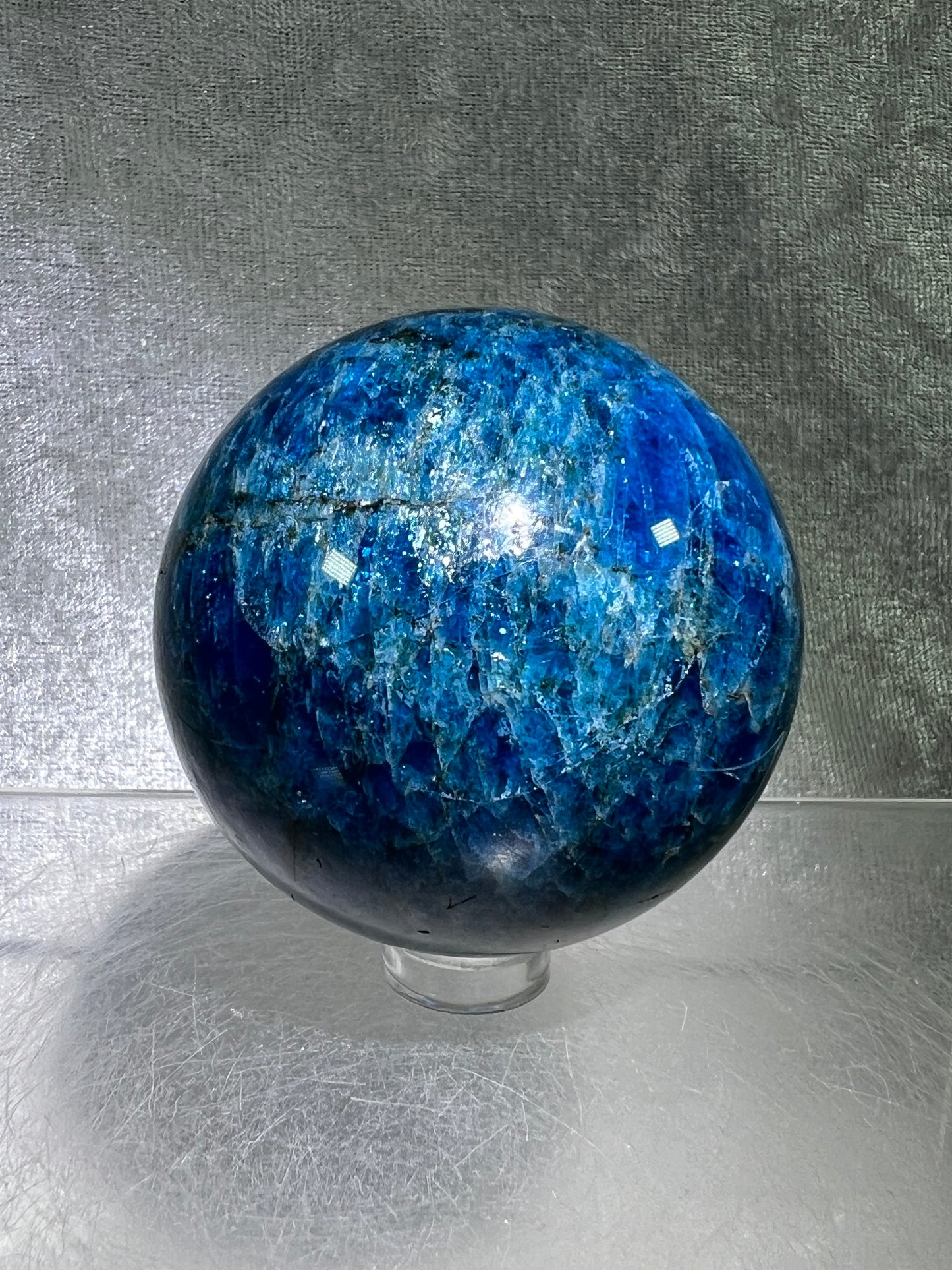 Blue Apatite Crystal Sphere. 58mm. Stunning Deep Blue With Lots Of Iridescent Flash. High Quality Display Sphere