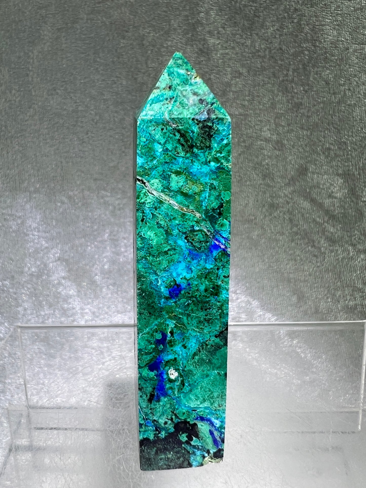 Azurite, Chrysocolla, And Malachite Druzy Tower. Rare And Beautiful Crystal Point.