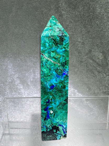 Azurite, Chrysocolla, And Malachite Druzy Tower. Rare And Beautiful Crystal Point.