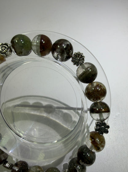 Garden Quartz Crystal Bead Bracelet. Incredible Lodolite Bracelet. 9.5mm. Amazing Flower Spacers.