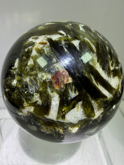 Green Mica And Garnet Sphere. 65mm. Rare Flashy Green Mica With Red Garnet. Gorgeous High Quality Crystal.