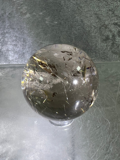 Rutile Quartz Sphere. Amazing Rainbows! Light Smoky Quartz With Stunning Golden Rutile Inclusions.