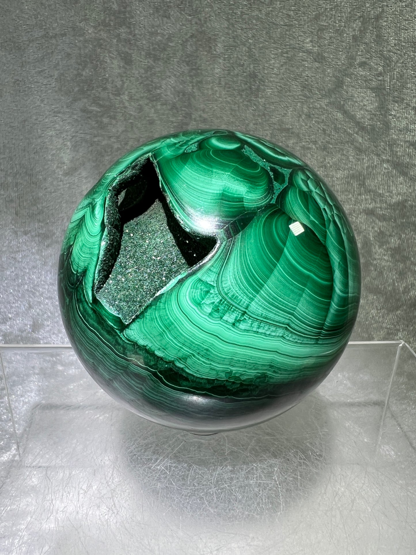Malachite Crystal Sphere. 72mm. Gorgeous Large Druzy Malachite. Very High Quality Rare Display Sphere.