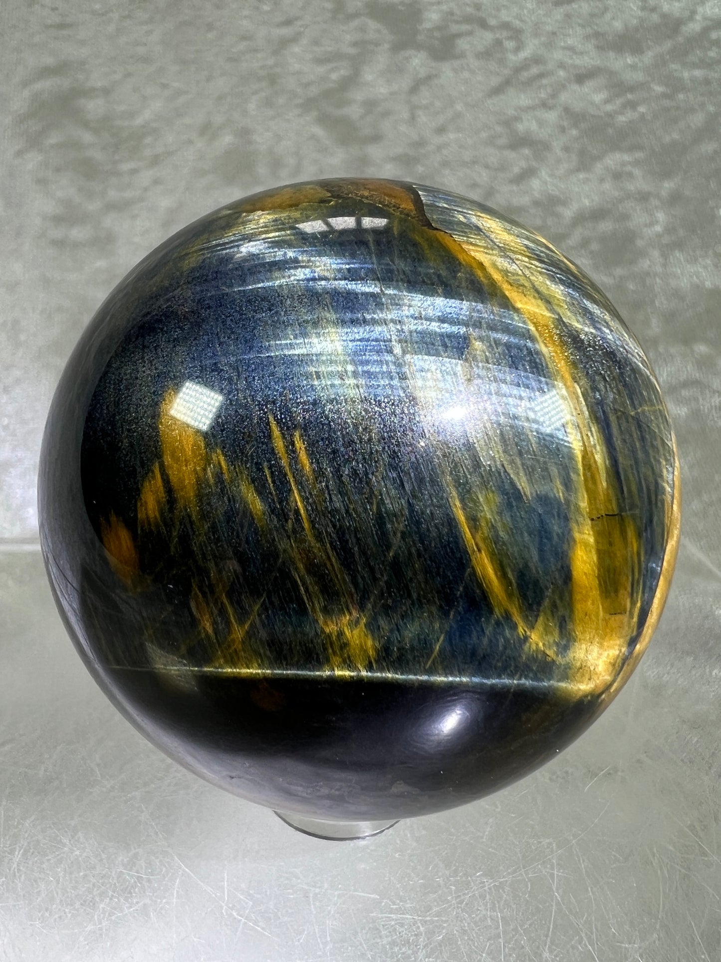 Blue Tigers Eye Sphere. Rare Blue And Gold Hawks Eye Crystal. Beautiful Colors And Flash
