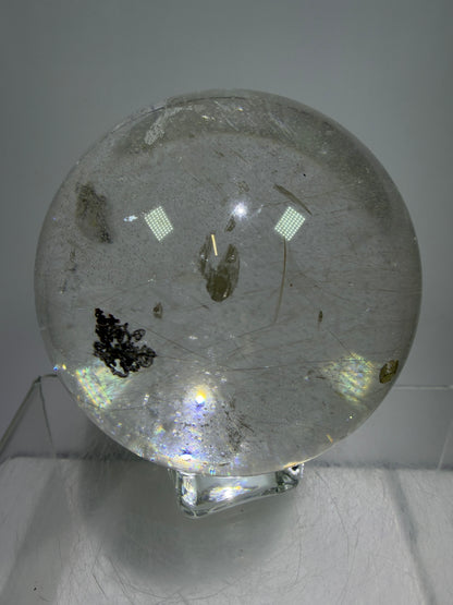 Rutile Quartz Sphere. 68mm. Rare Rutilated Quartz With Lodolite And Pyrite Inclusions. Amazing Display Sphere.