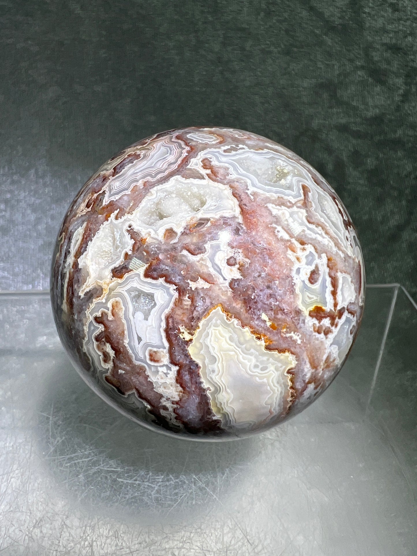 Mexican Crazy Lace Agate Sphere. Gorgeous High Quality With Amazing Druzy And Patterns. Rare Shades Of Pink.