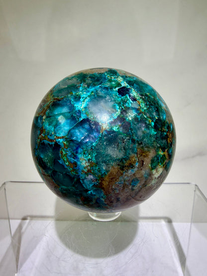 Chrysocolla And Quartz Sphere. 62mm. Gorgeous Shades Of Blue And Green. Amazing Rare Sphere From Laos.