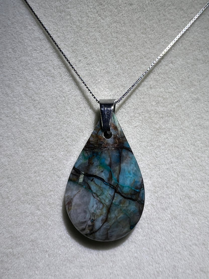 Chrysocolla Fresco Pendant. Limited And Stunning Fresco Patterns. Gorgeous High Quality Crystal. S925 Silver Necklace Included