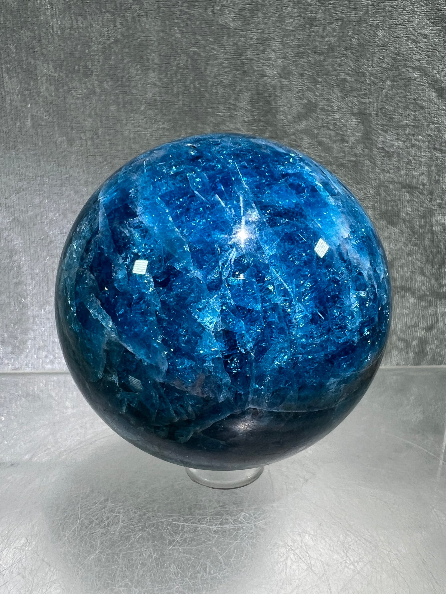 Blue Apatite Crystal Sphere. 60mm. Gorgeous Deep Blue With Lots Of Iridescent Flash. High Quality Display Sphere