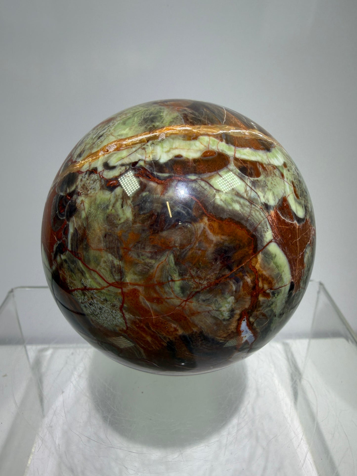 Money Agate Crystal Sphere. 65mm. Very Rare Shades Of Green. Stunning Indonesian Bloodstone. Amazing Colors And Patterns