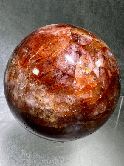 Fire Quartz Sphere. 63mm. Gorgeous Flash And Crystallization. High Quality Hematoid Crystal From Madagascar.
