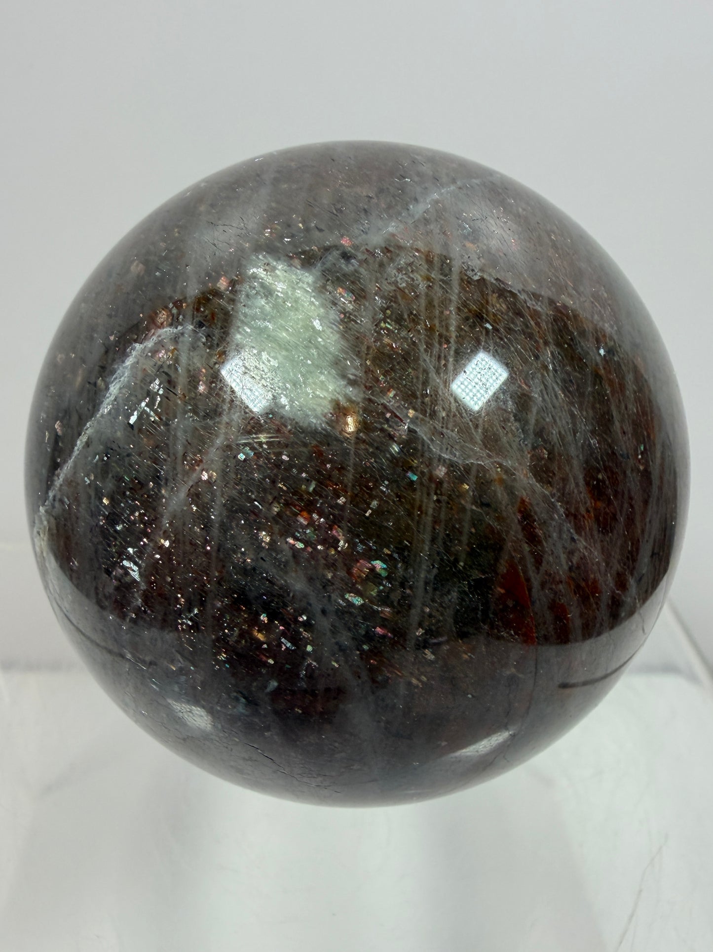 Bloodshot Iolite Sphere. 64mm. Stunning Galaxy Iolite Sunstone Display Sphere. Amazing And Colorful Flash!
