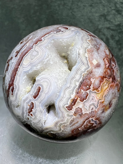 Mexican Crazy Lace Agate Sphere. Gorgeous High Quality With Amazing Druzy And Patterns. Rare Shades Of Pink.