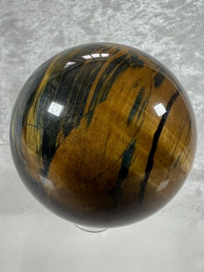 Blue Tigers Eye Sphere. Rare Blue And Gold Hawks Eye Crystal. Beautiful Colors And Flash