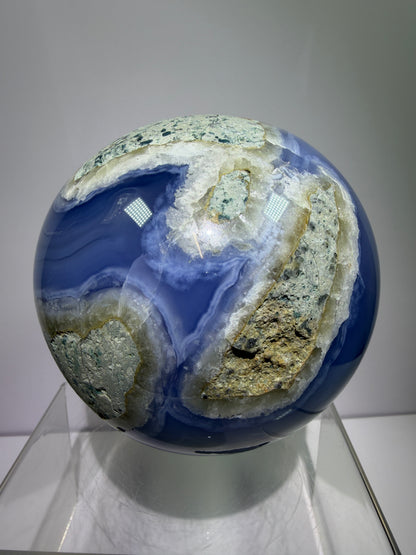 Blue Lace Agate Sphere. 106mm. XL Druzy Blue Lace Sphere. High Quality Intense Blue. Stunning Collectors Piece.
