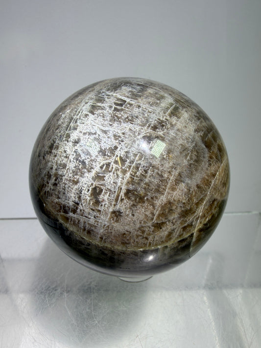 Black Moonstone Crystal Sphere. 55mm. Stunning Bright Silver Flash. High Quality Display Sphere