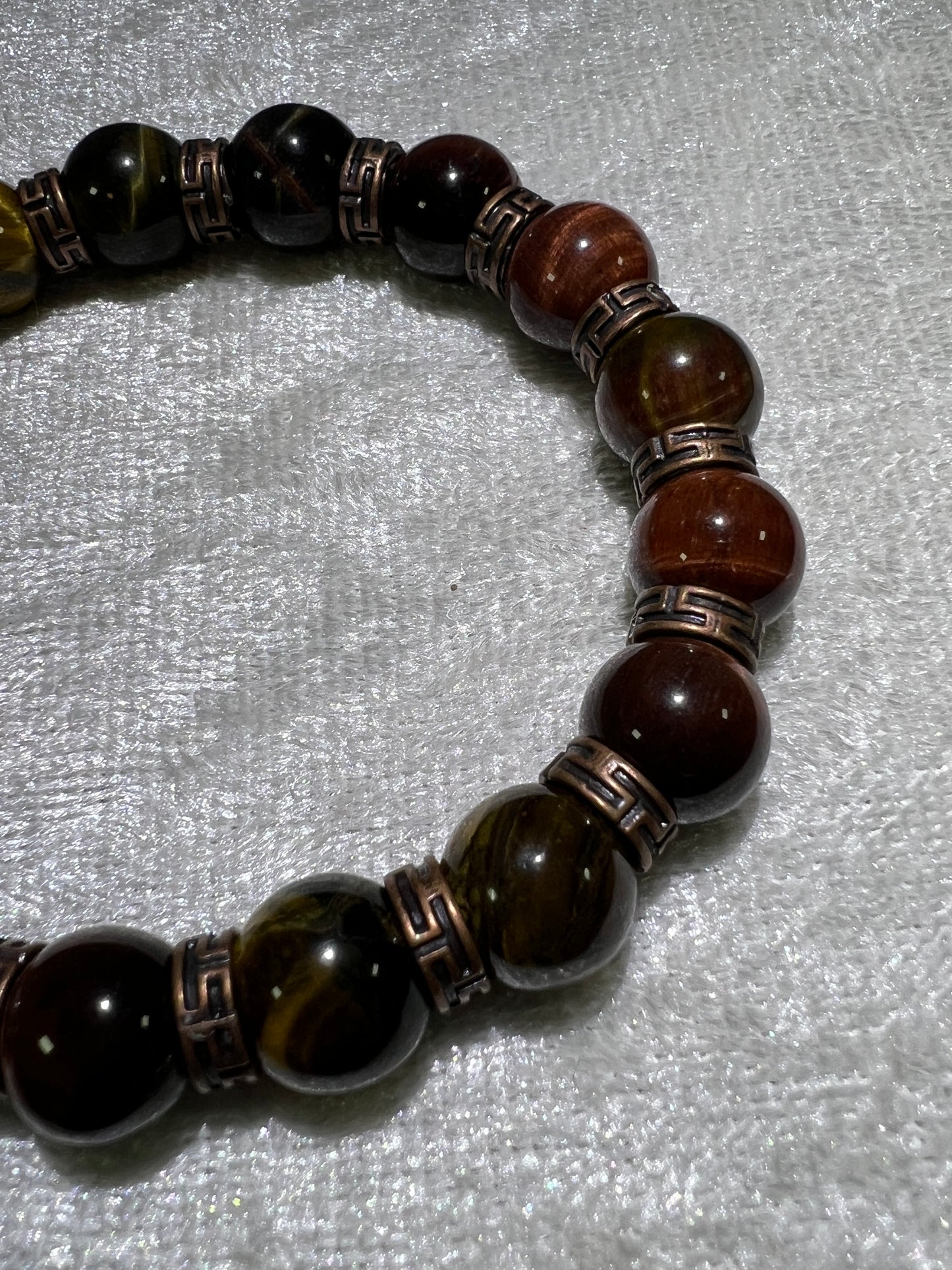 Tigers Eye Crystal Bead Bracelet. Beautiful Red, Blue, And Gold Tigers Eye Bracelet. 10mm. Amazing Bronze Color Spacers.