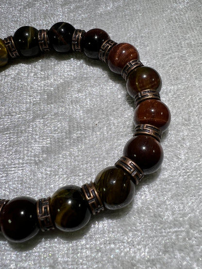 Tigers Eye Crystal Bead Bracelet. Beautiful Red, Blue, And Gold Tigers Eye Bracelet. 10mm. Amazing Bronze Color Spacers.